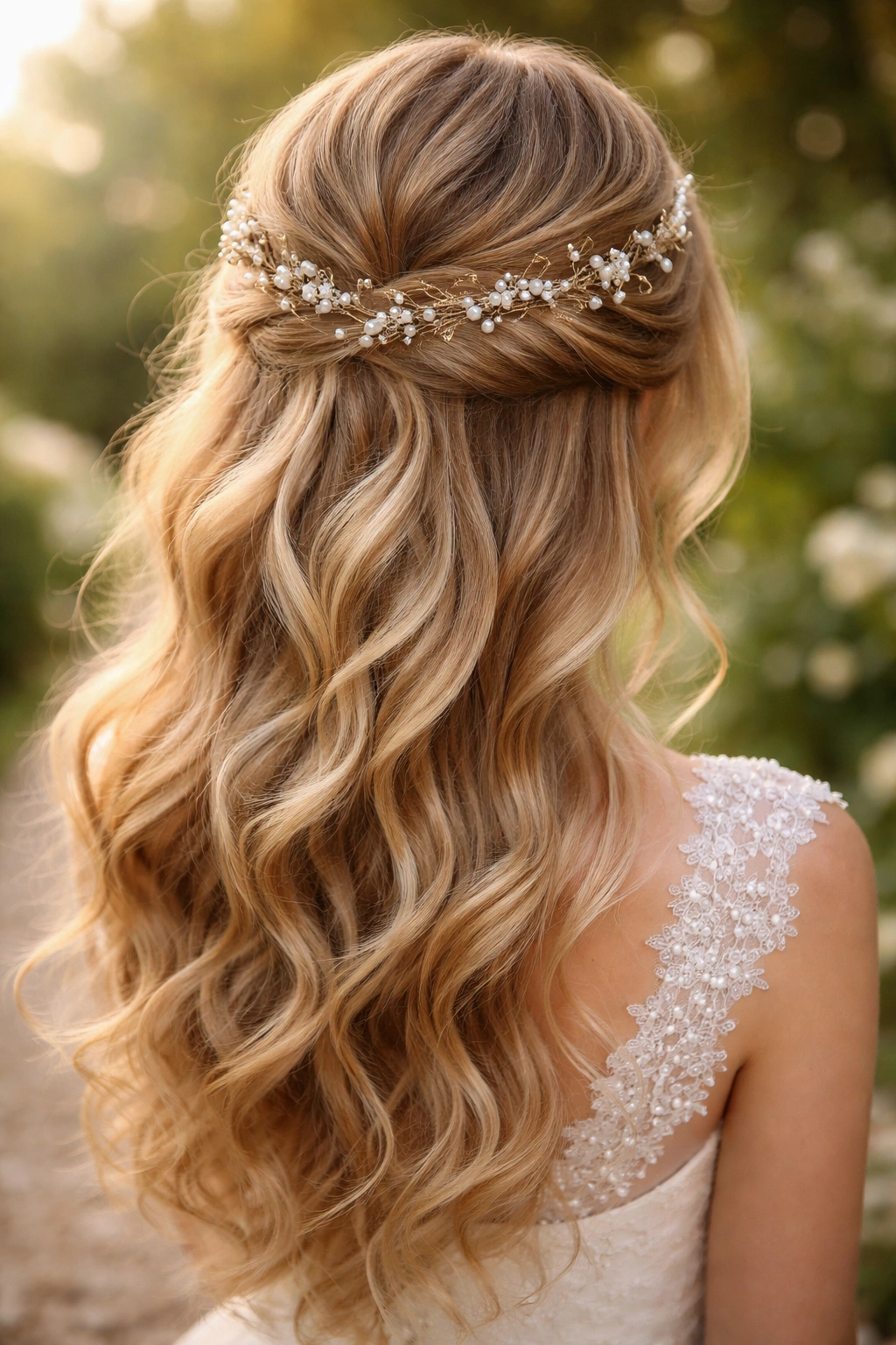 Waves with pearl hair vine wrapped around half-up crown
