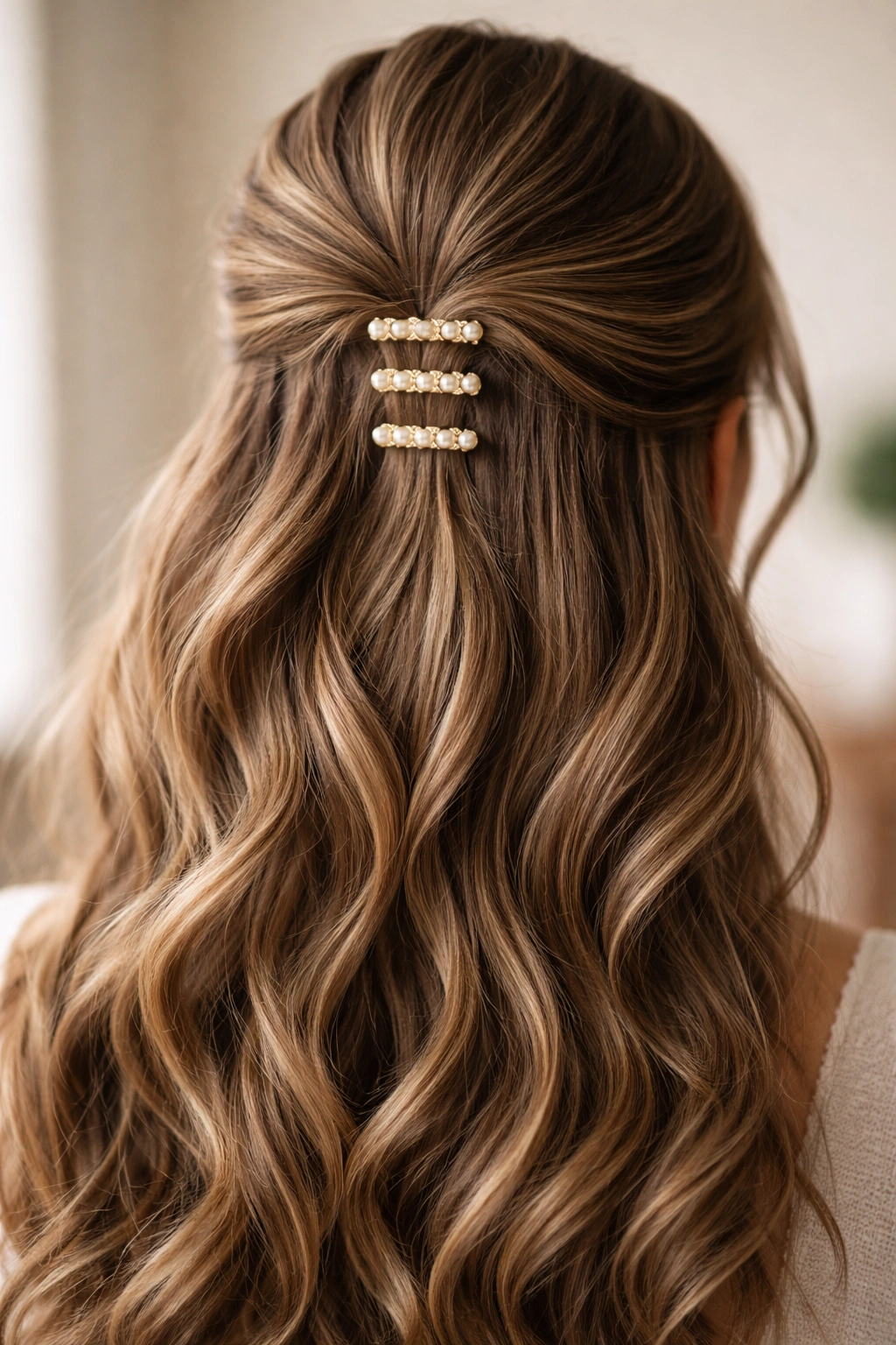 Close-up of hair with small pearlescent clips securing a half-up style