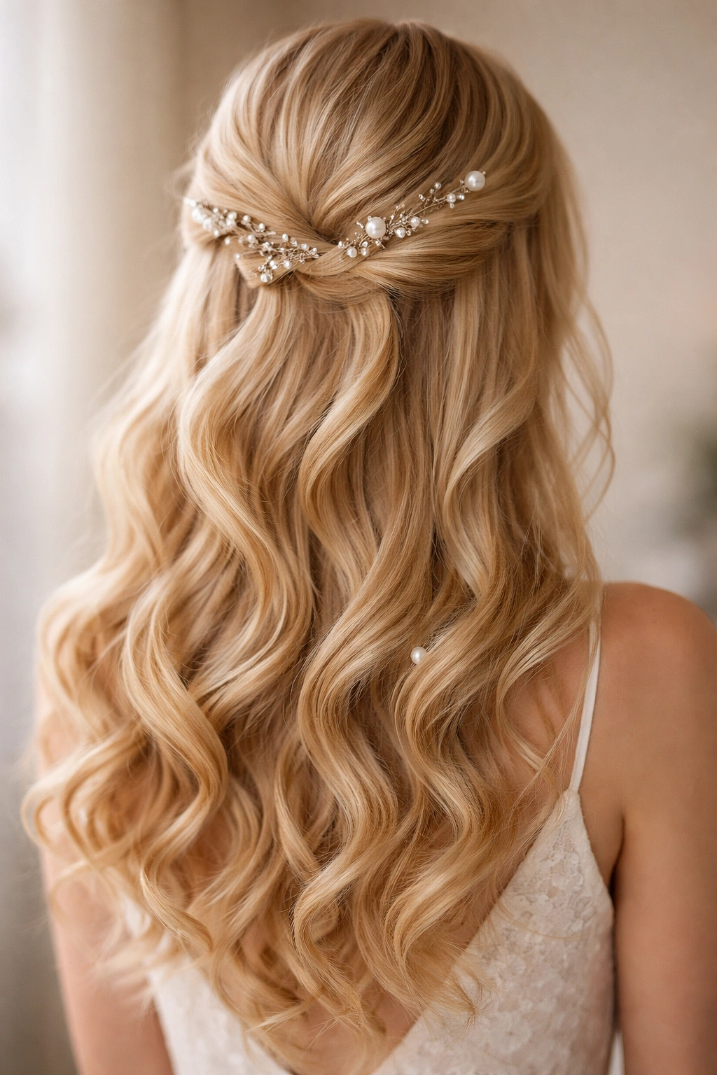 Blonde curls with pearls and crystals in a half-up style