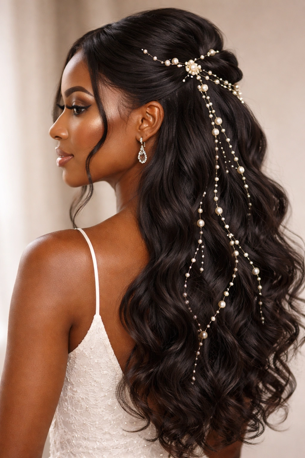 Half-up hairstyle with pearl strands woven through the hair