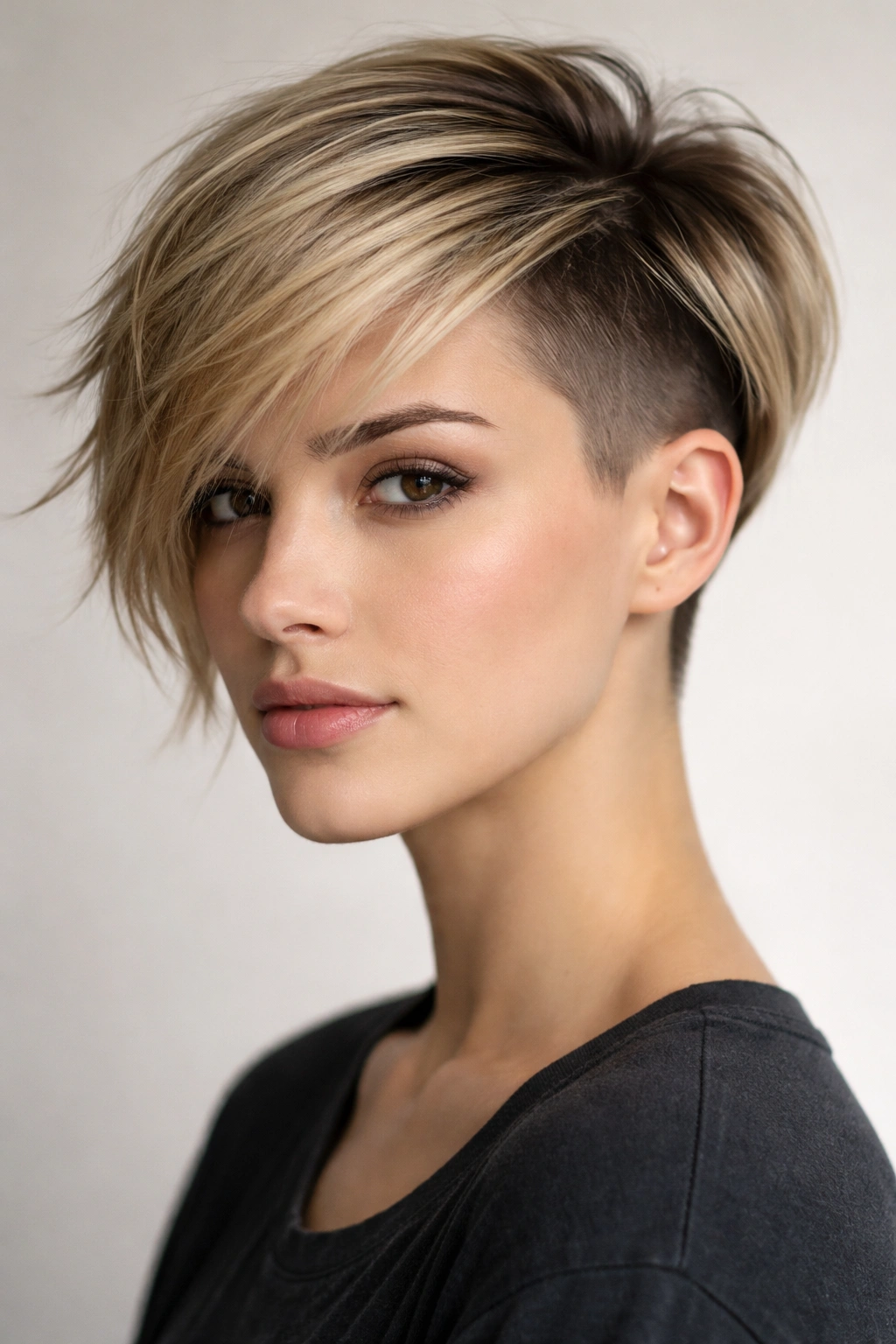 Front portrait showing peekaboo undercut with a layered top on straight hair