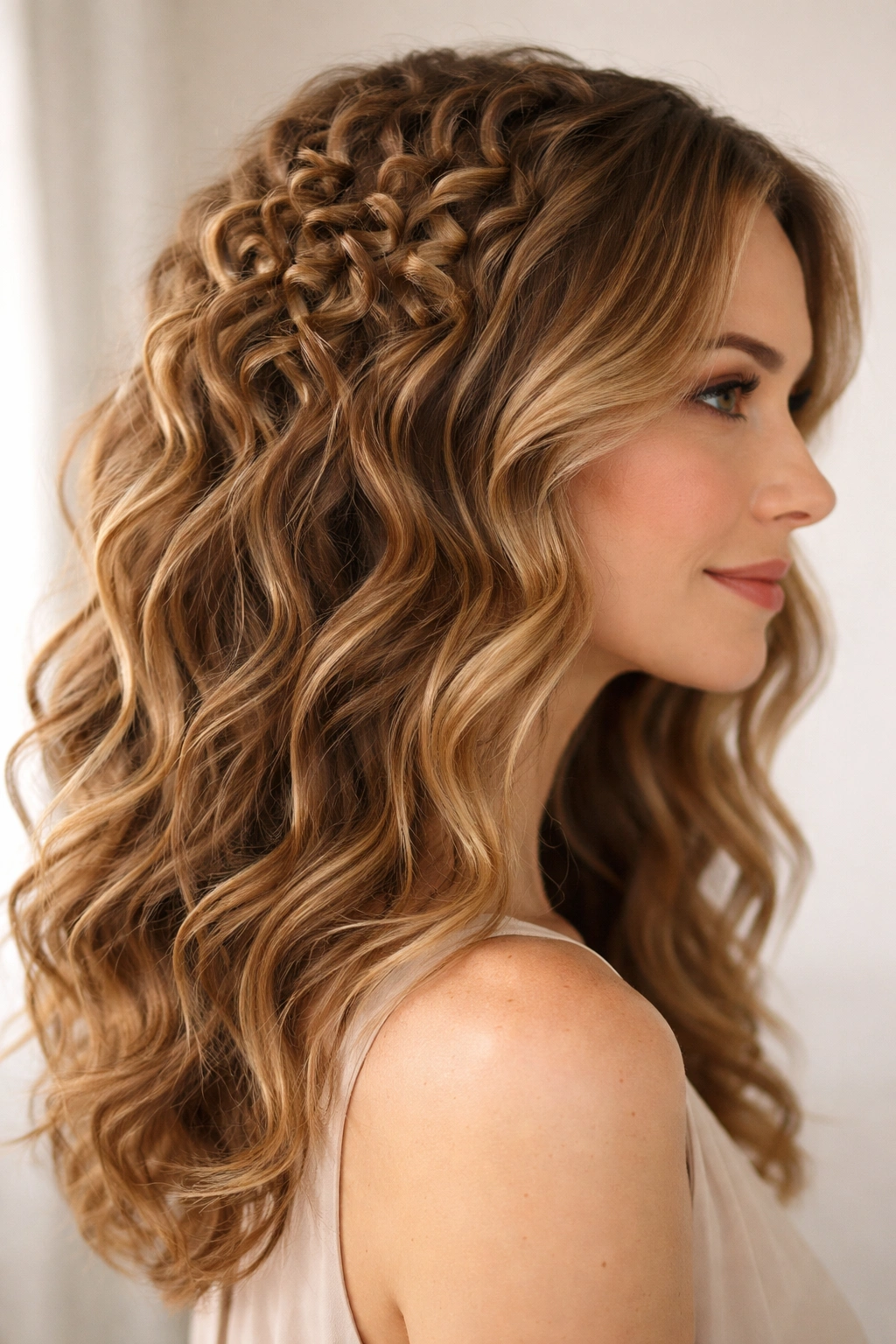 Hybrid hairstyle with pencil curls at crown and loose waves through length
