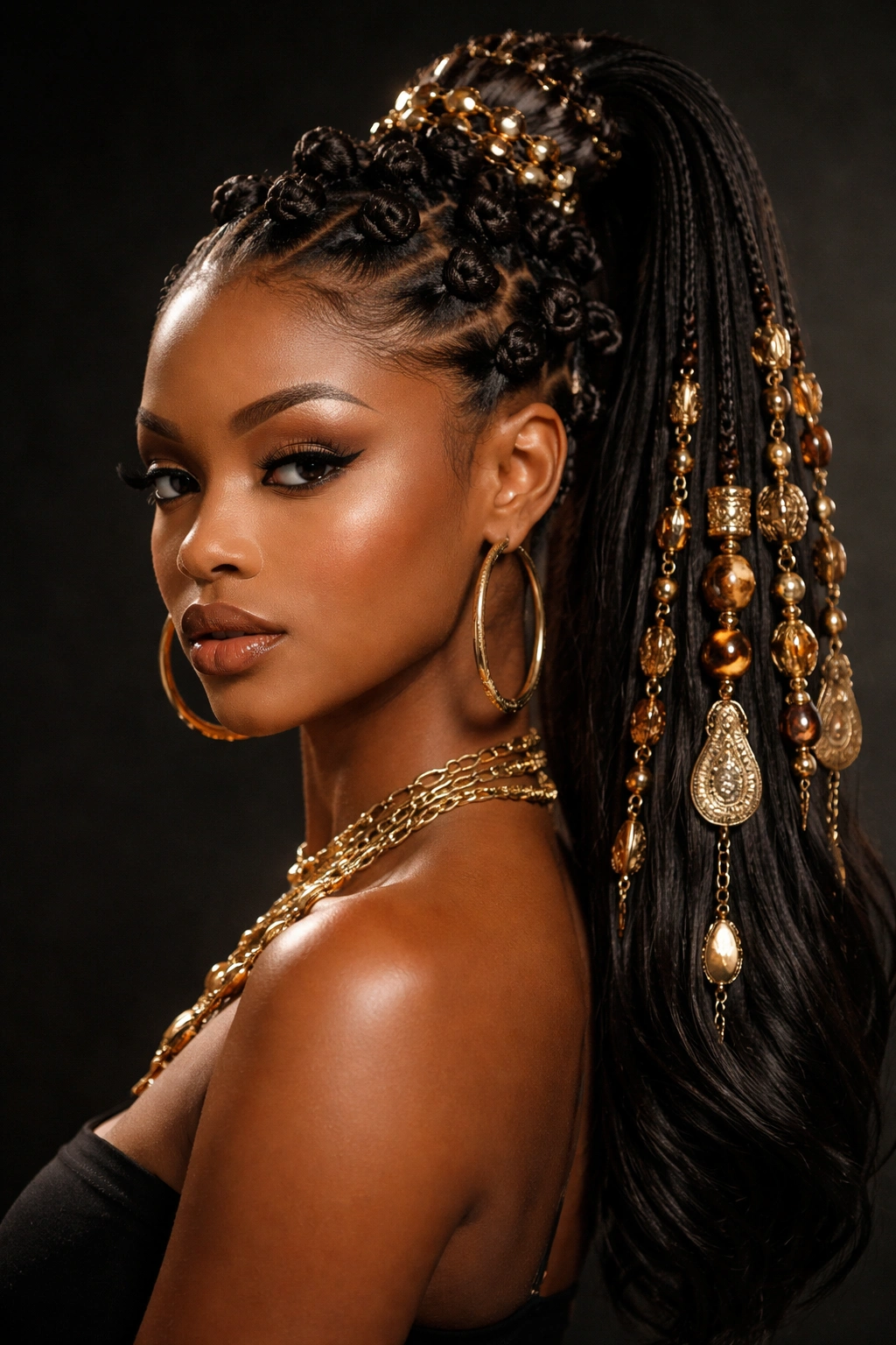 Dense base of Bantu knots with decorative beads and extensions forming a pendant pony