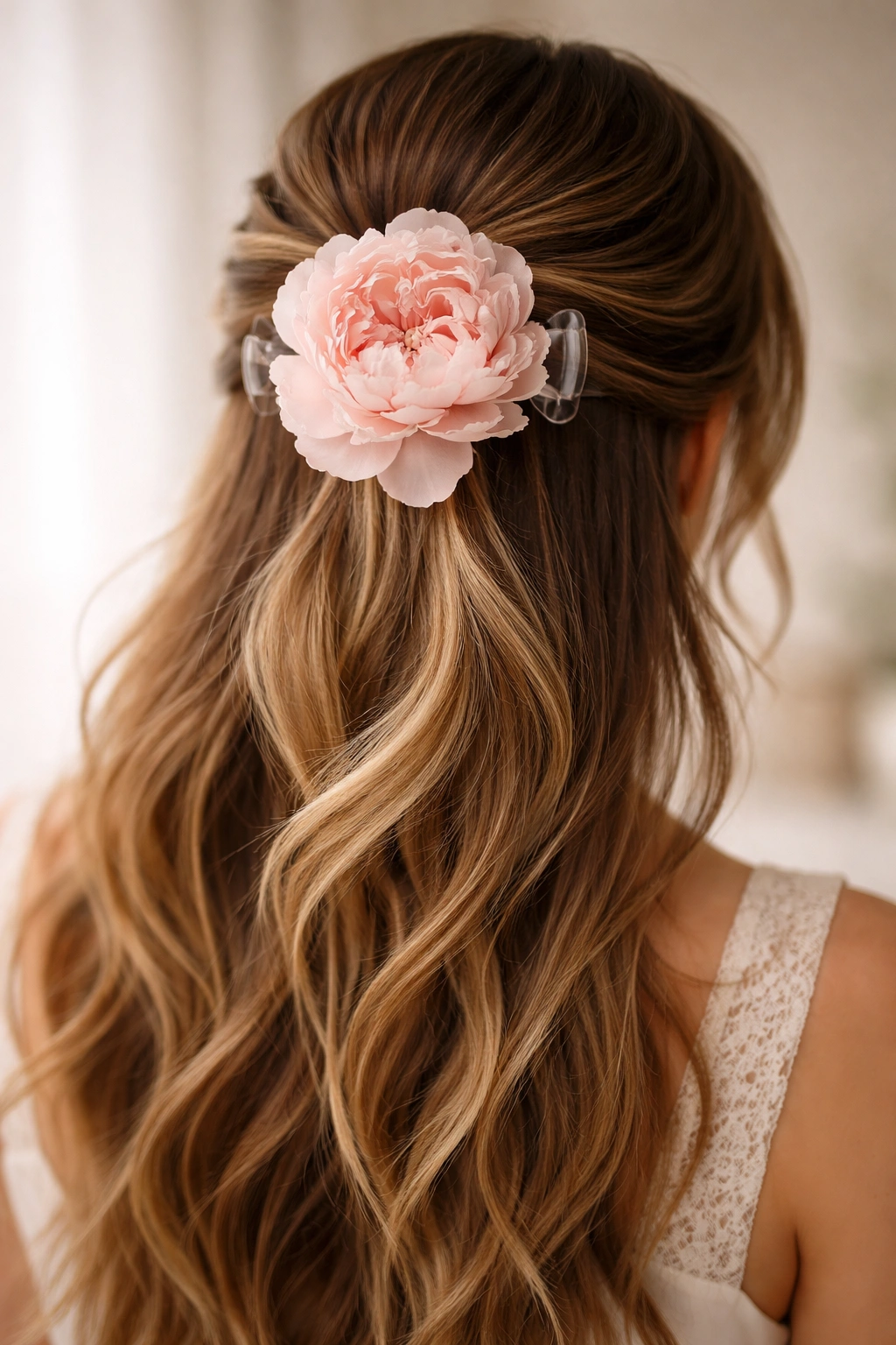 Large peony in claw clip securing a half-up hairstyle with soft petal details