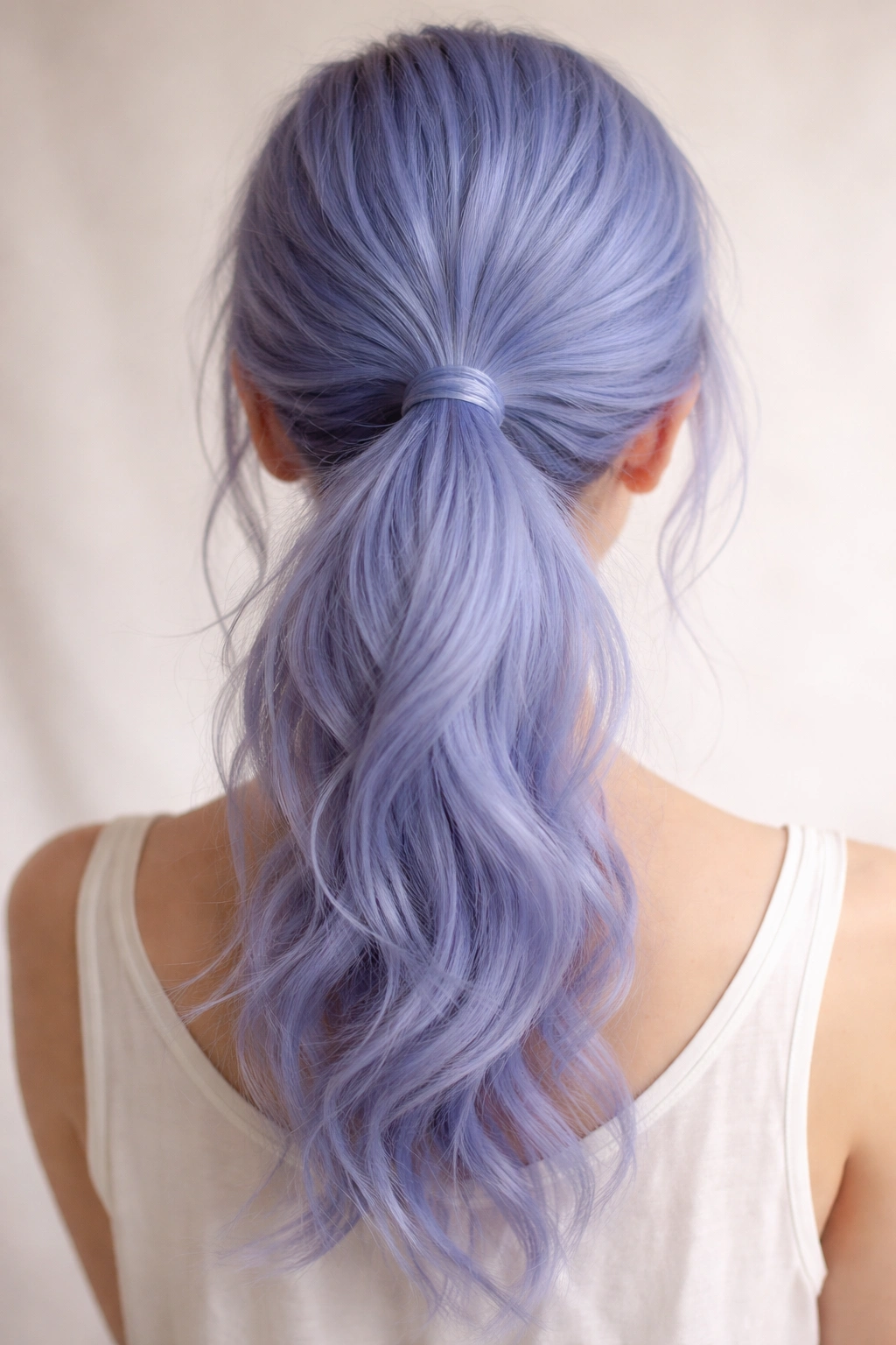 Back view of a soft periwinkle ponytail with a gentle hue