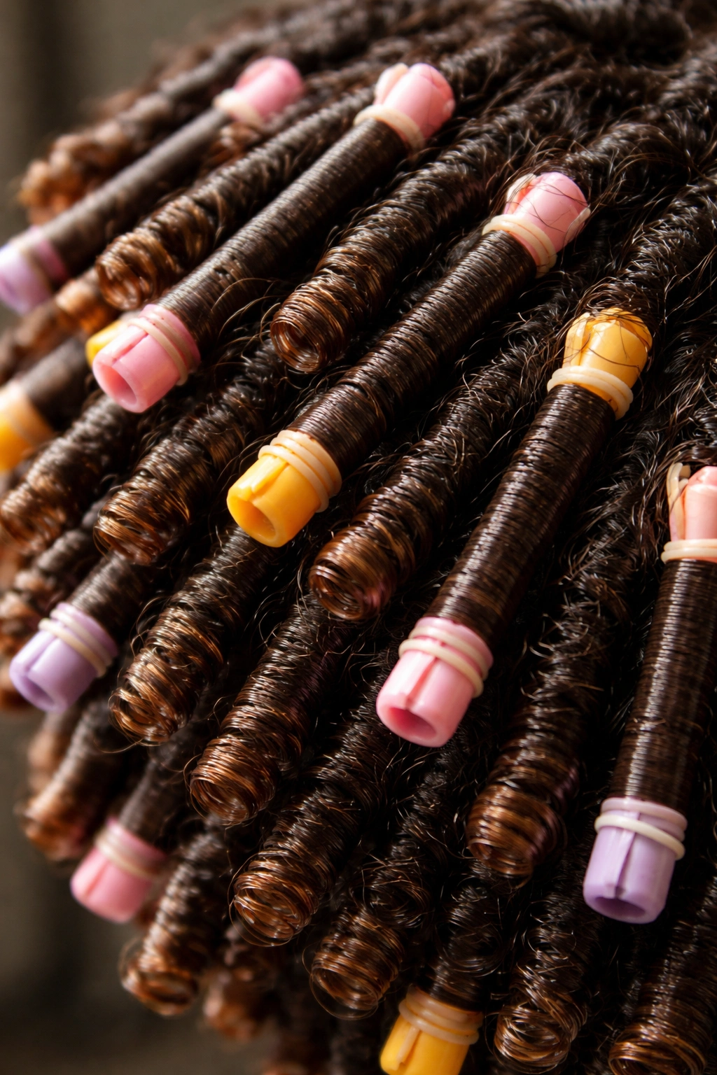 Close-up of tiny perm rods wrapped with damp hair showing small defined ringlets