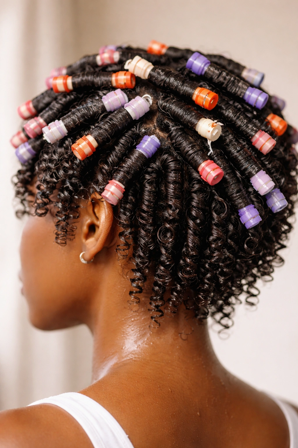 Head with perm rods in damp hair showing coil clumping