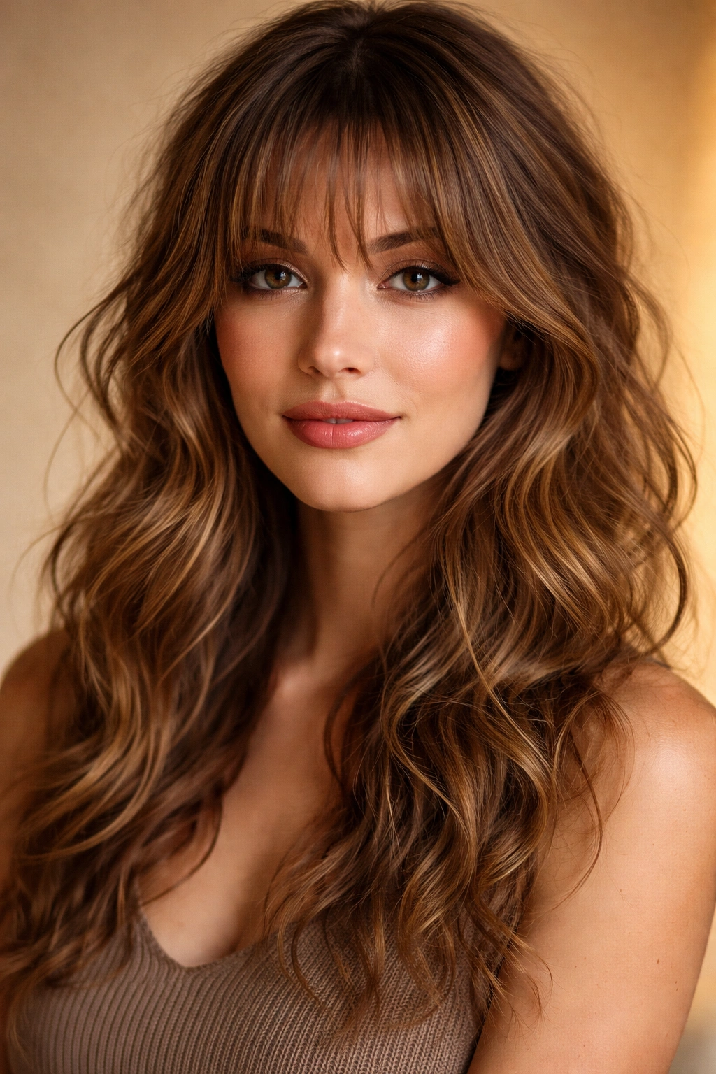 Medium close-up of piece-y wispy bangs with tousled waves