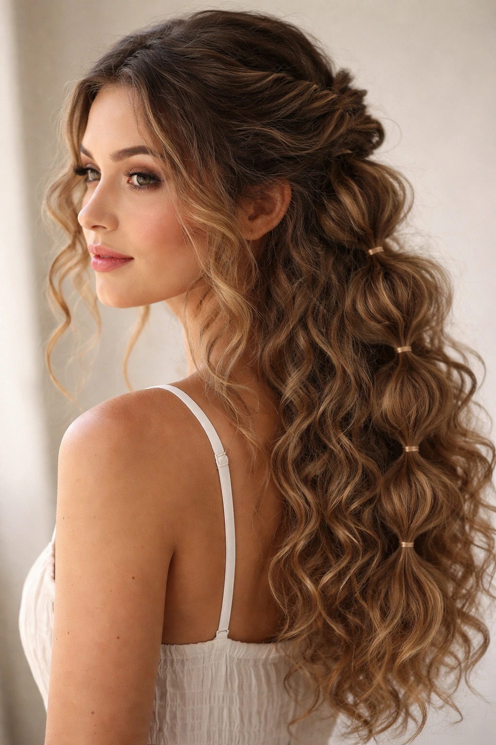 Loose piece-y bubble braid with wisps for movement on curly hair