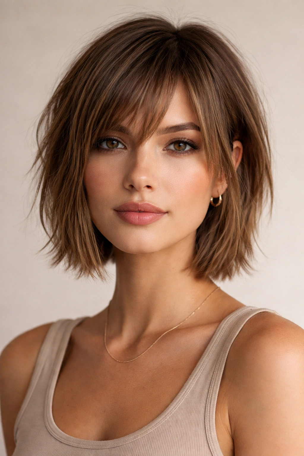 Close-up of chin-length straight hair with choppy textured layers and face-framing pieces in a studio