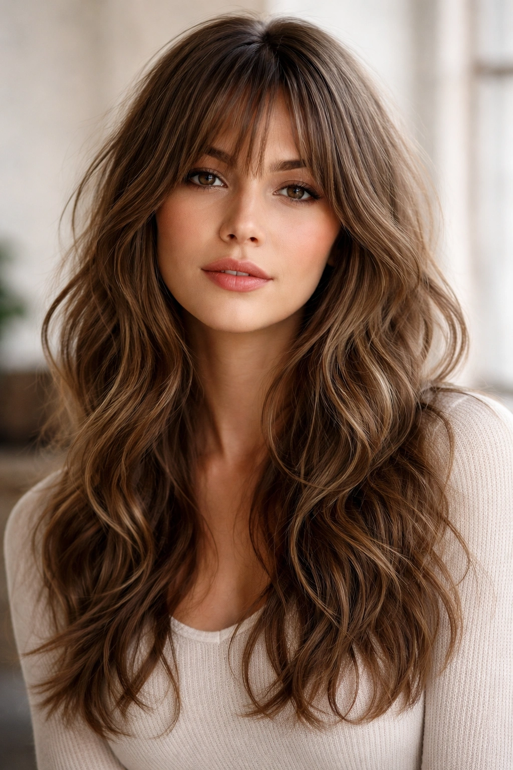Layered waves with feathered bangs creating movement and texture.