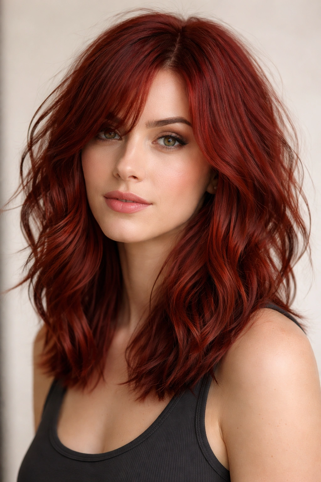 Piece-y wavy lob with choppy layers in red