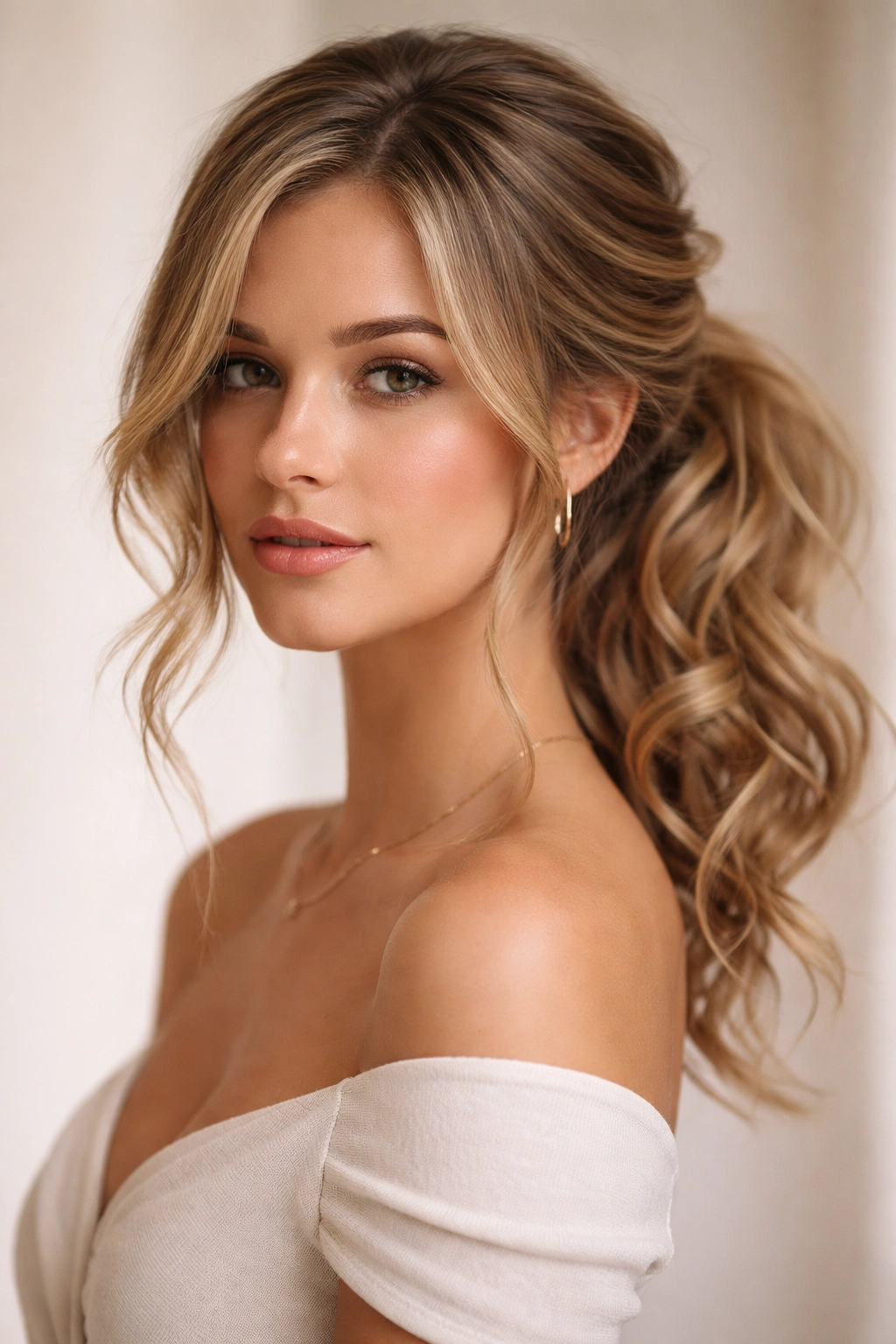 Side ponytail with loose wisps and waves around the face