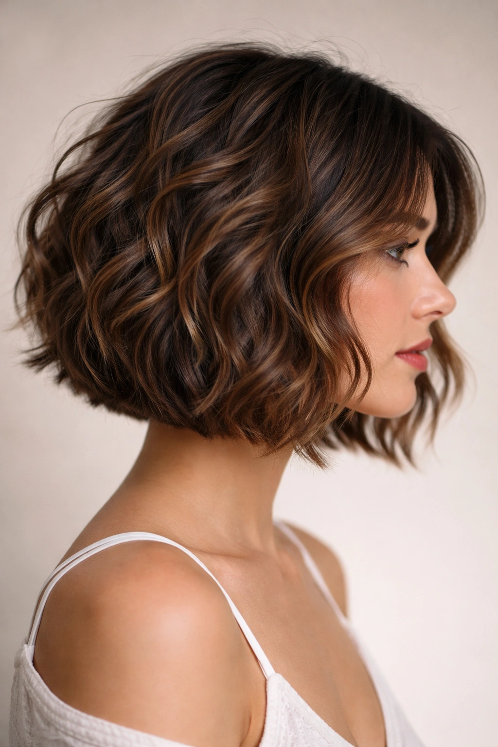 Close-up of thick wavy bob with distinct piece-y texture and separated hair strands