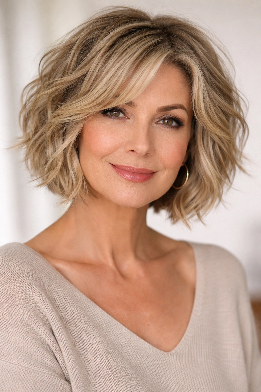 Close-up of a piece-y textured bob with defined layers and waves