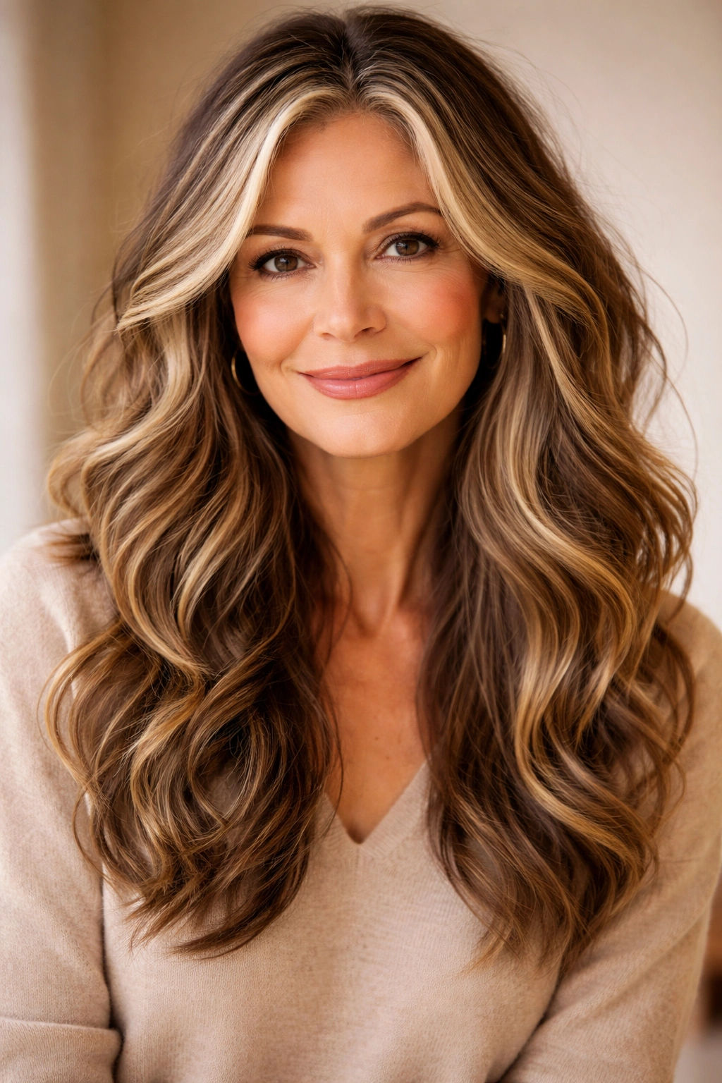 Hair with piece-y waves and face-framing highlights