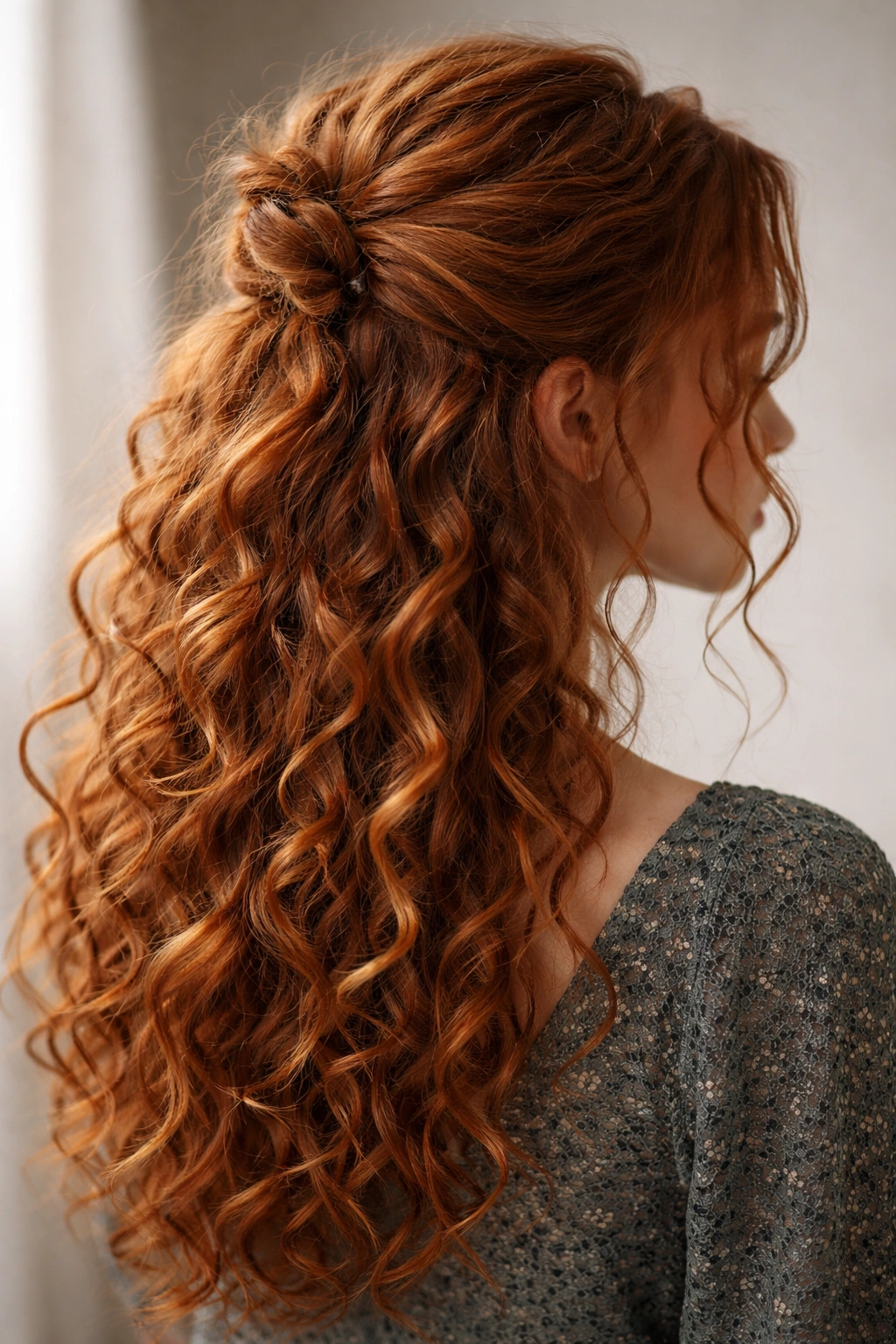 Close-up of textured red curls in a loose half-up with piecey curls