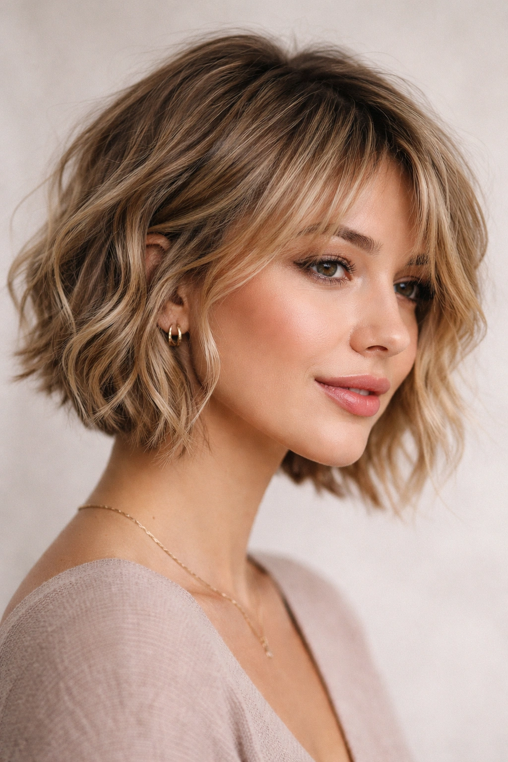 Close-up of jaw-length piecey textured bob with distinct layers and waves