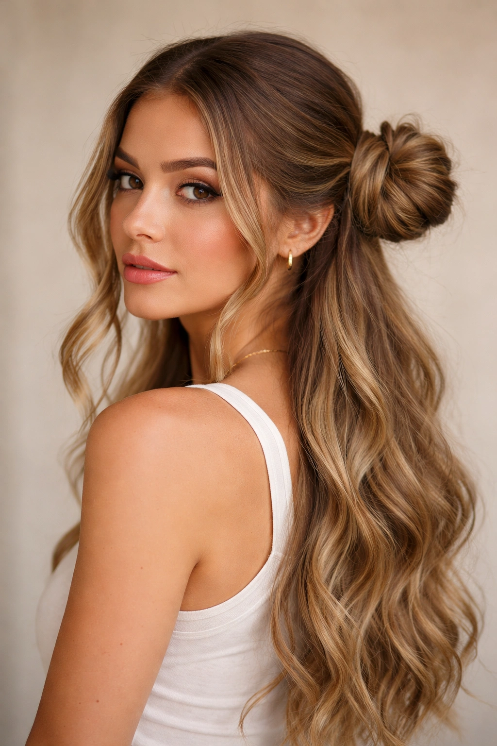 Close-up profile of a Pigtail Space Bun Style with two lower side buns and flowing hair