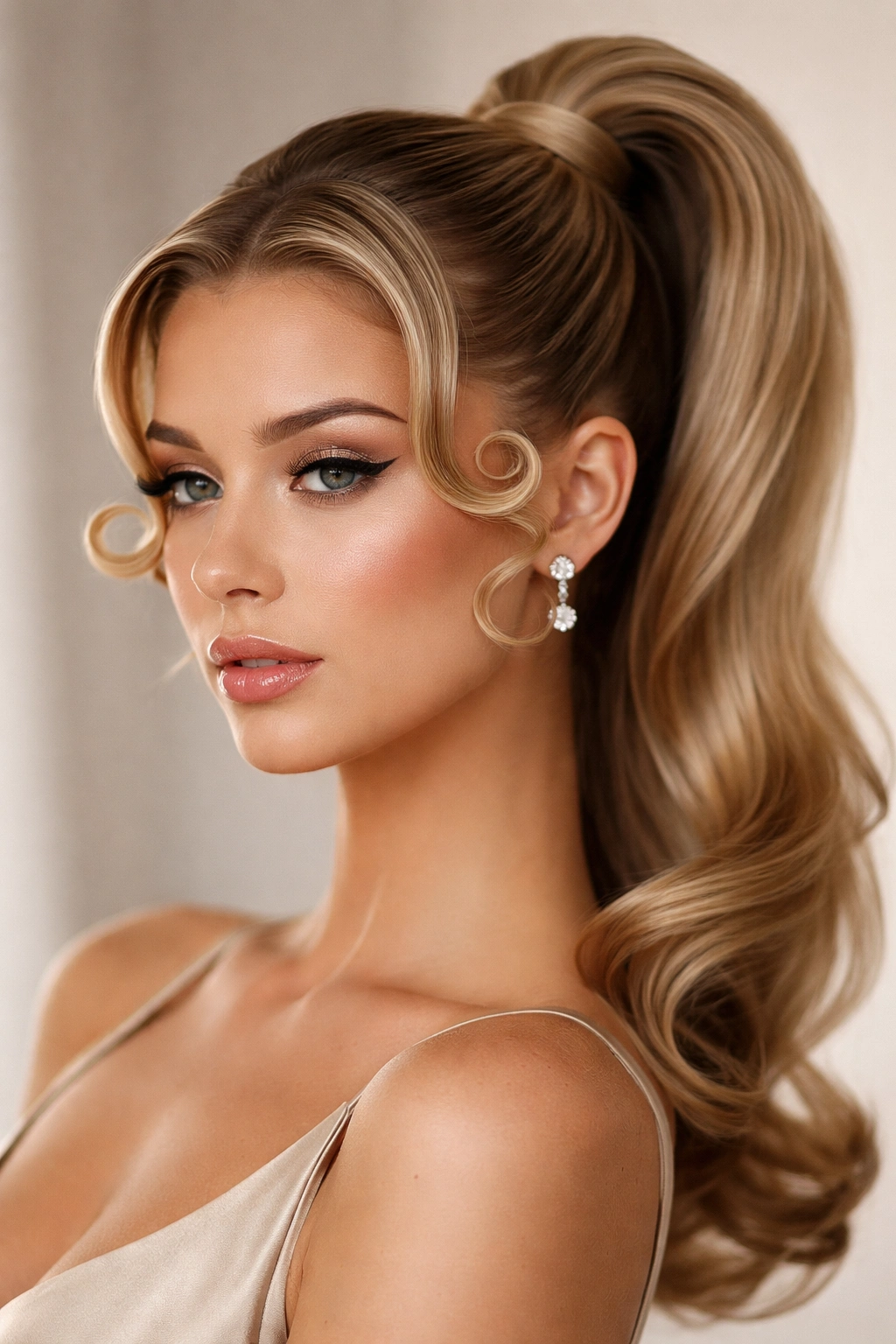 Face-framing pin curls above a sleek high ponytail.