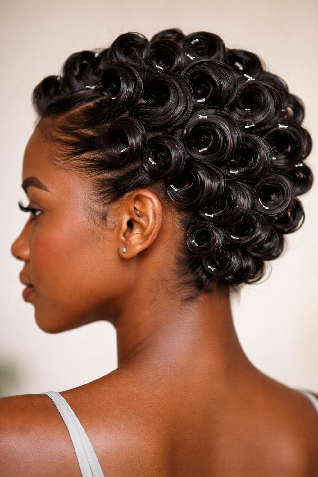 Close-up of glossy pin curls defined with coil jelly