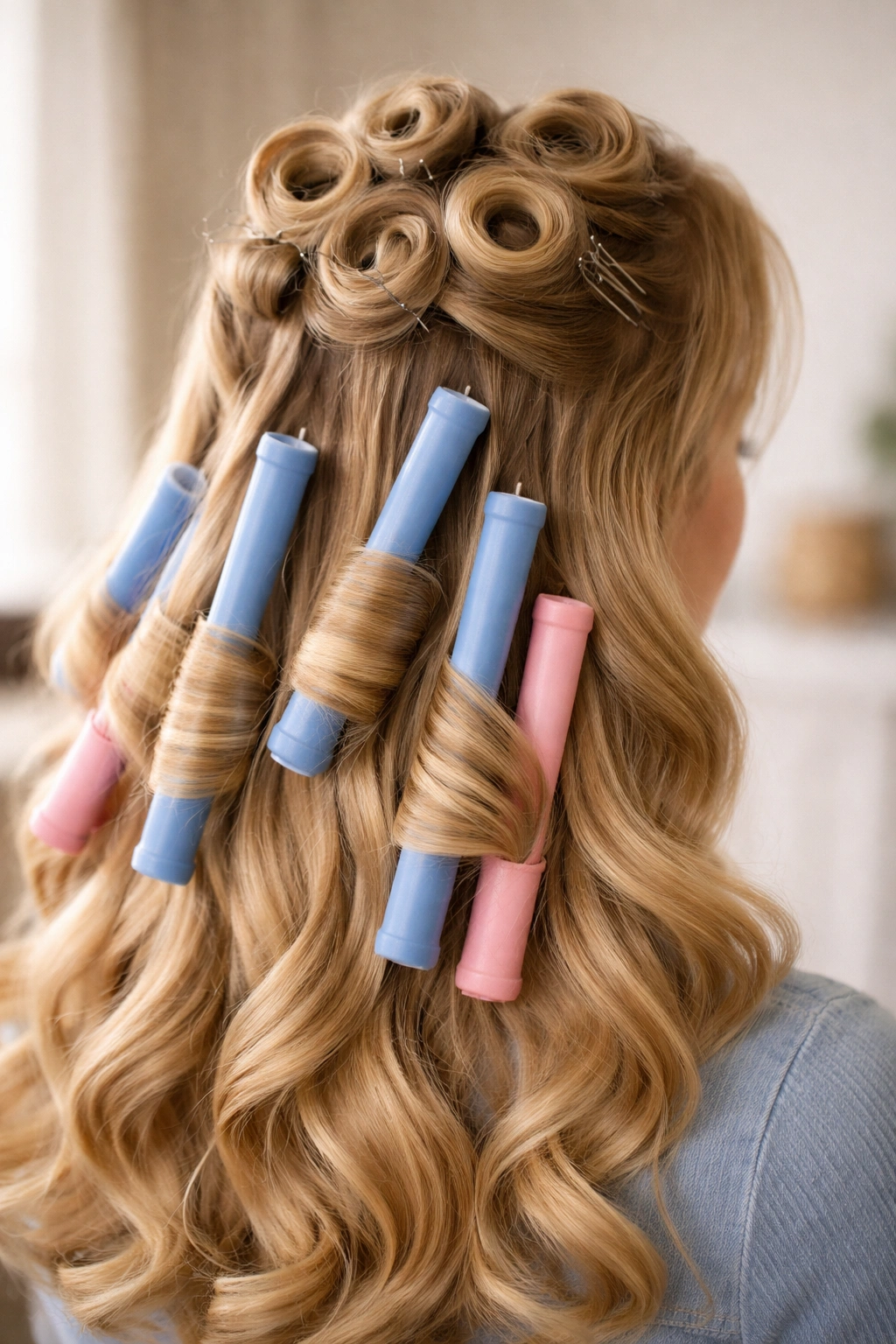 Crown with pin curls pinned to scalp and flexi rods through lengths for vintage texture