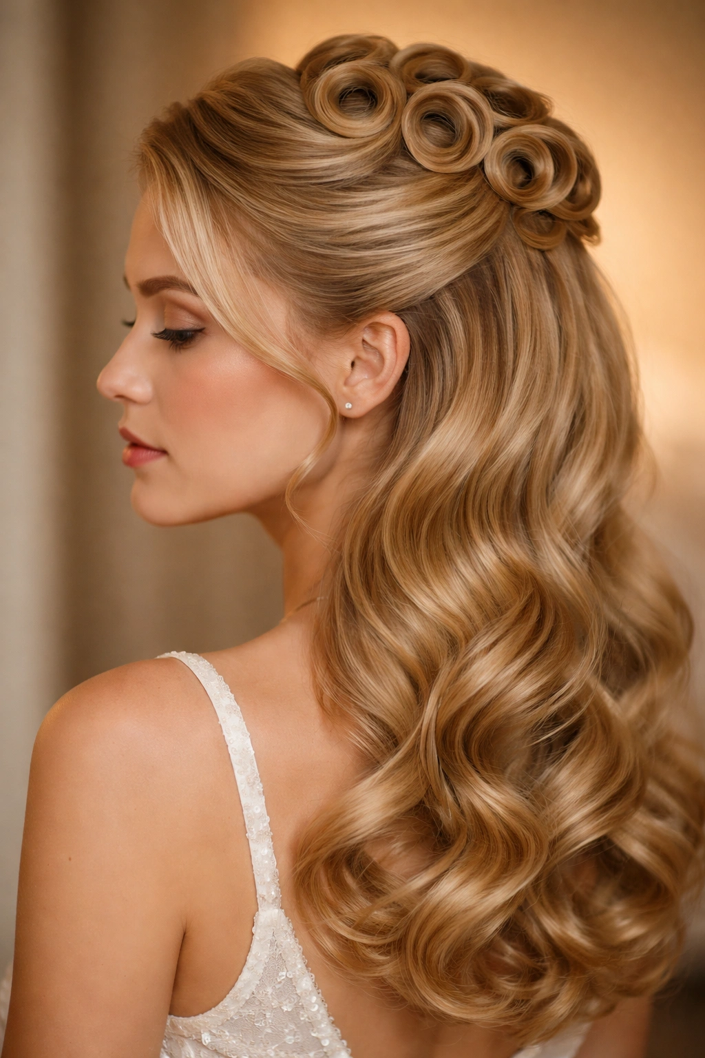 Pin-curled vintage half up hairstyle with defined waves