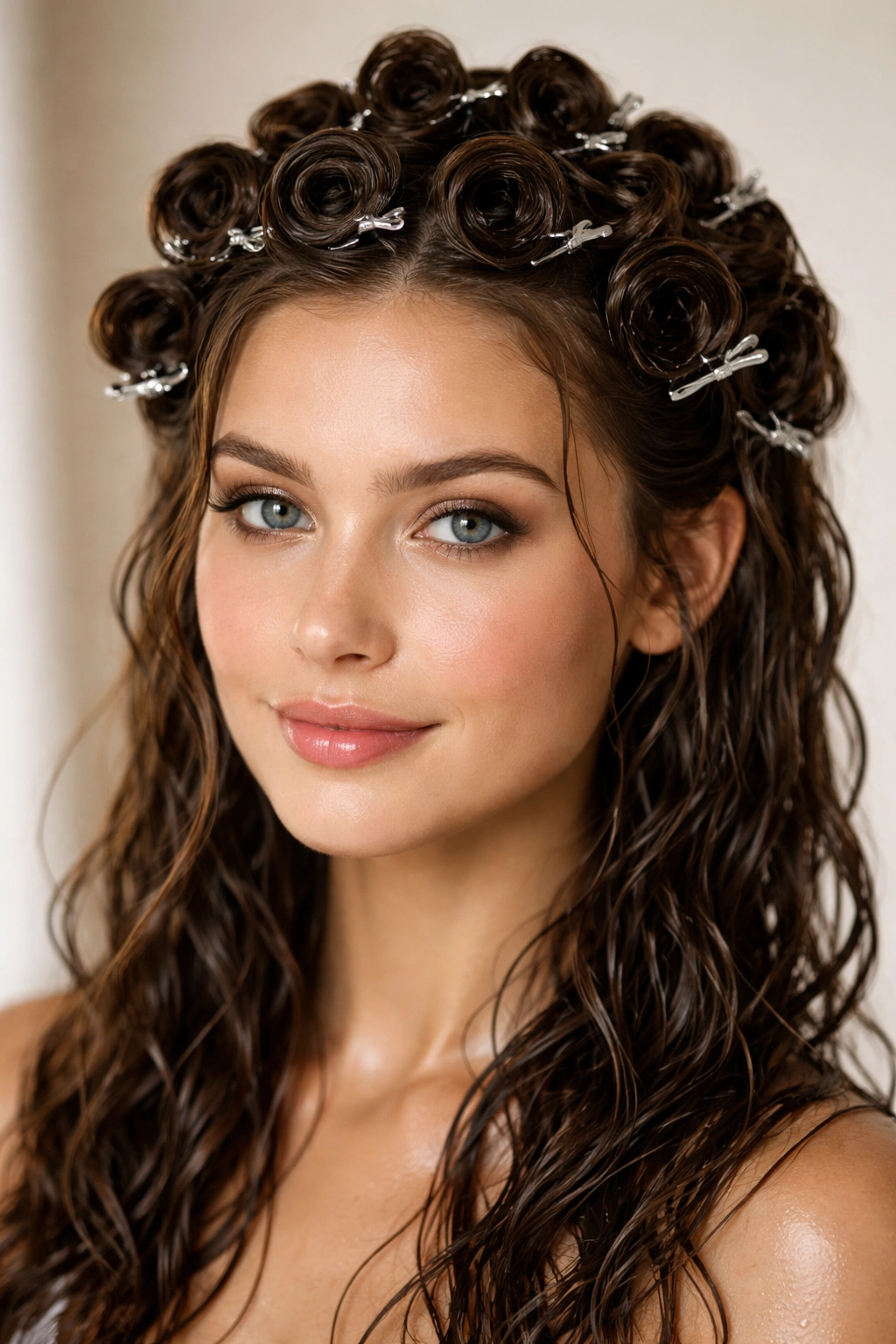 Close-up of damp hair ready to dry in pin curls