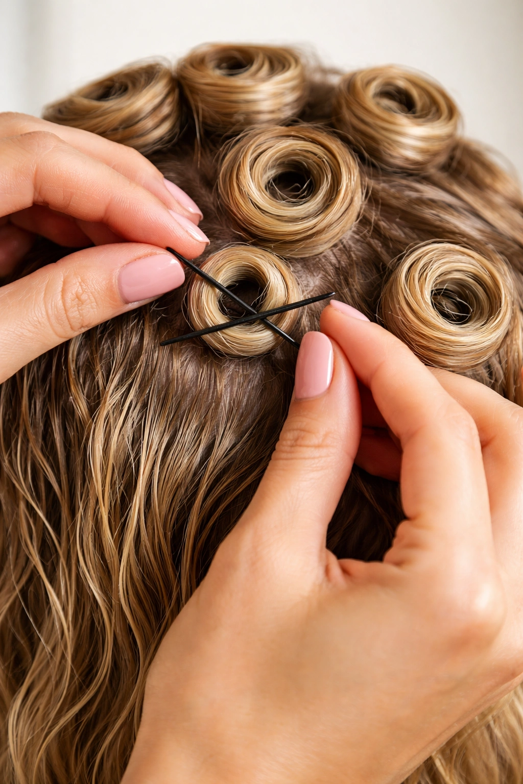 Close-up of damp hair being rolled into pin curls with bobby pins
