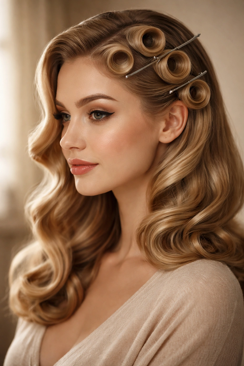 Polished pin curls pinned flat against the scalp