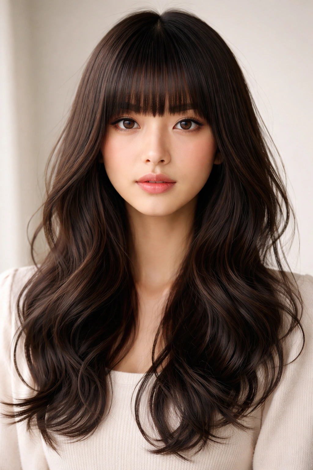 Close-up of pin-straight bangs with wavy extensions on medium-length hair