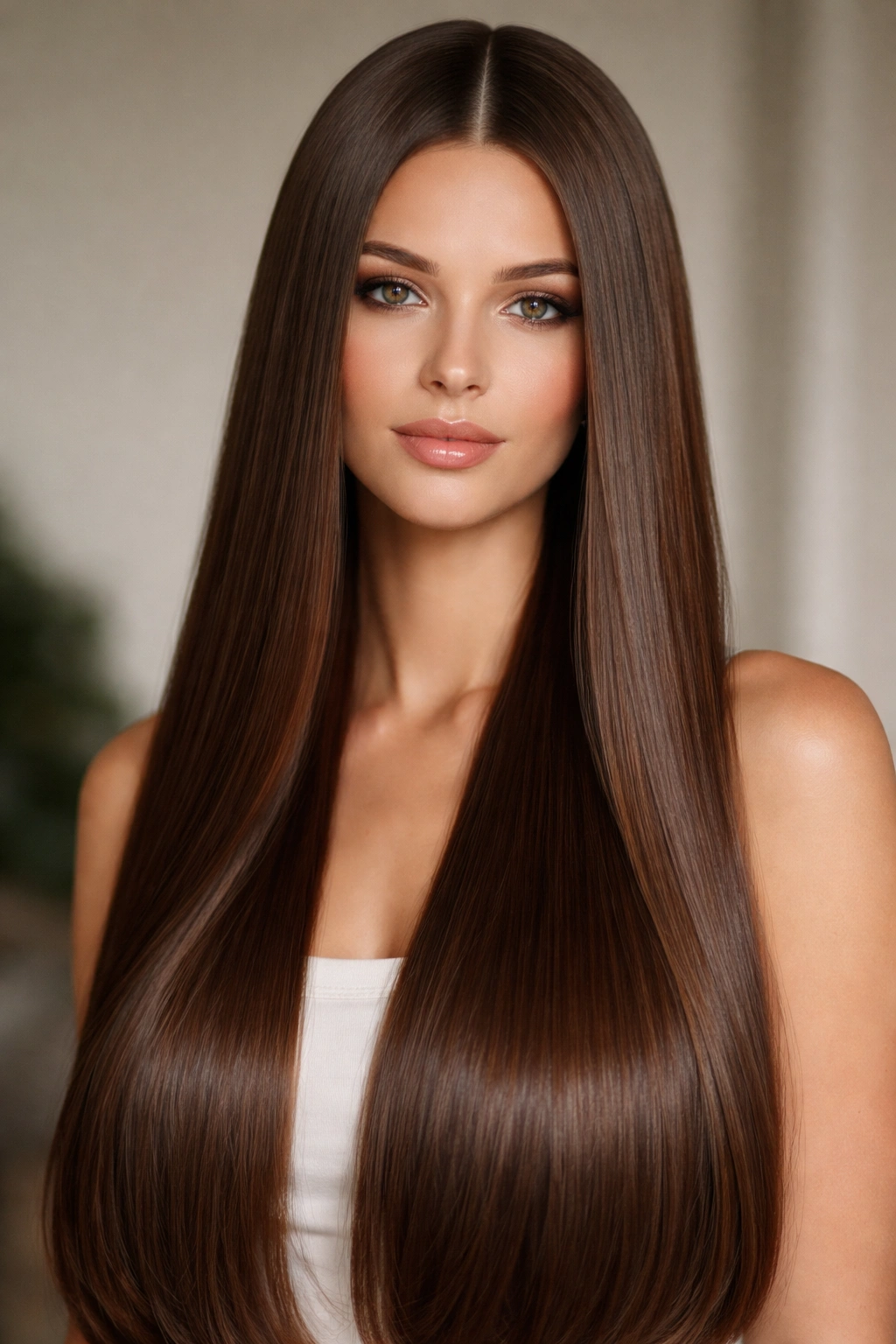 Studio portrait of long, ultra-straight hair with a perfect center part and high shine