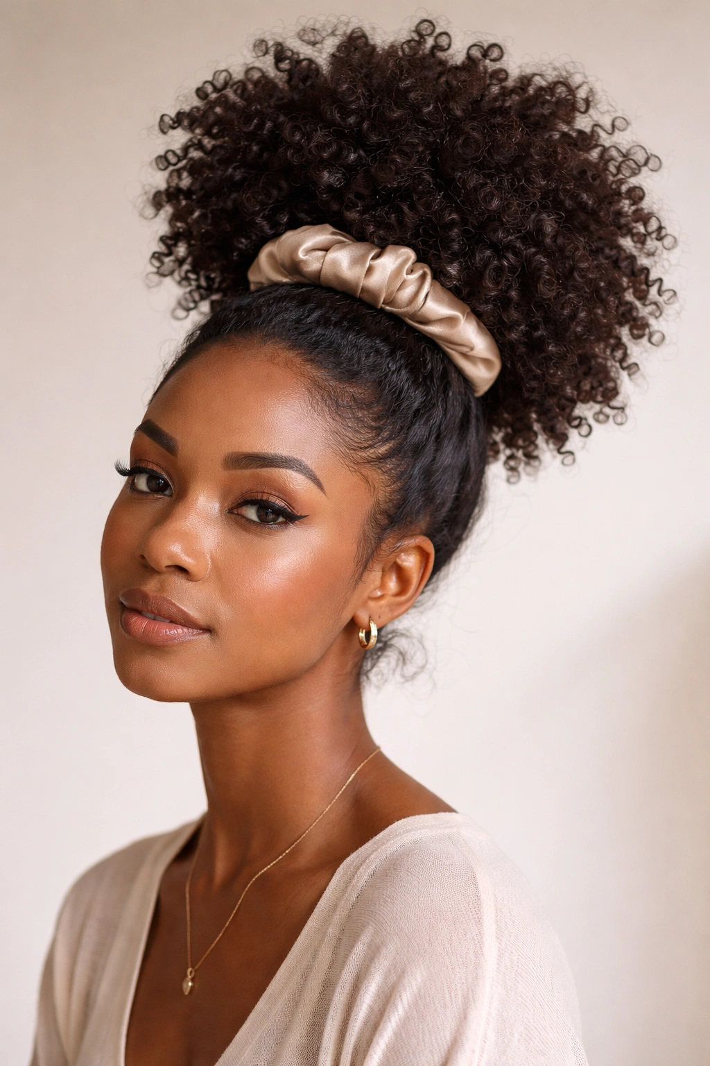 Pineapple high puff with coils gathered at the crown and a soft scrunchie