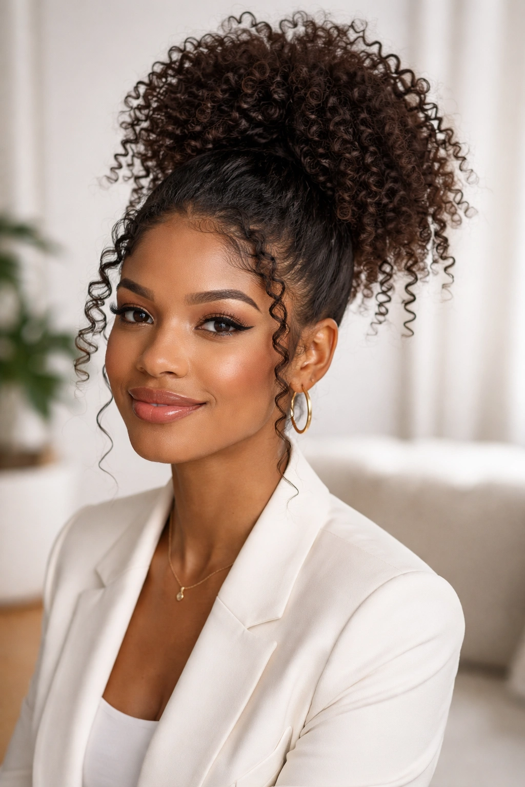 High pineapple pony with loose coils around the face for a playful, office-ready look.