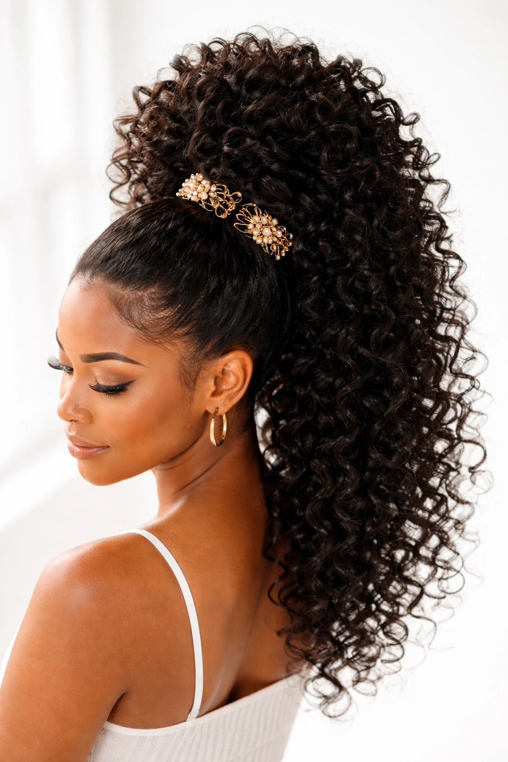 Pineapple ponytail with decorative clips at the crown