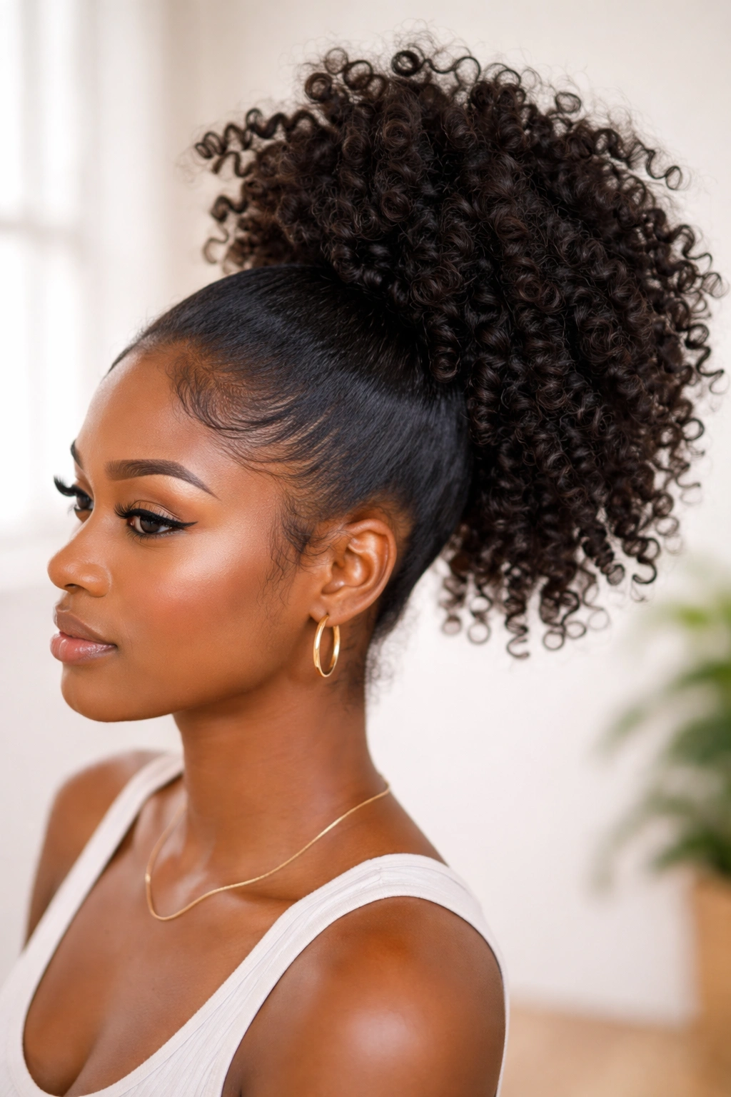 Pineapple high ponytail with voluminous curls at crown