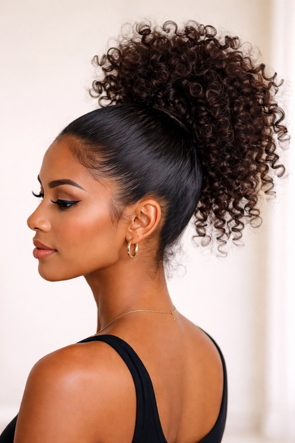 High pineapple ponytail on curly hair with lifted crown and defined curls