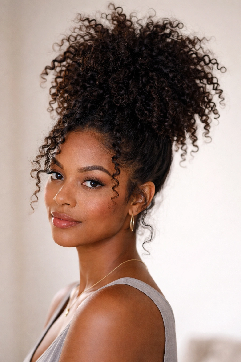Portrait of a person with a high loose pineapple updo showcasing crown volume
