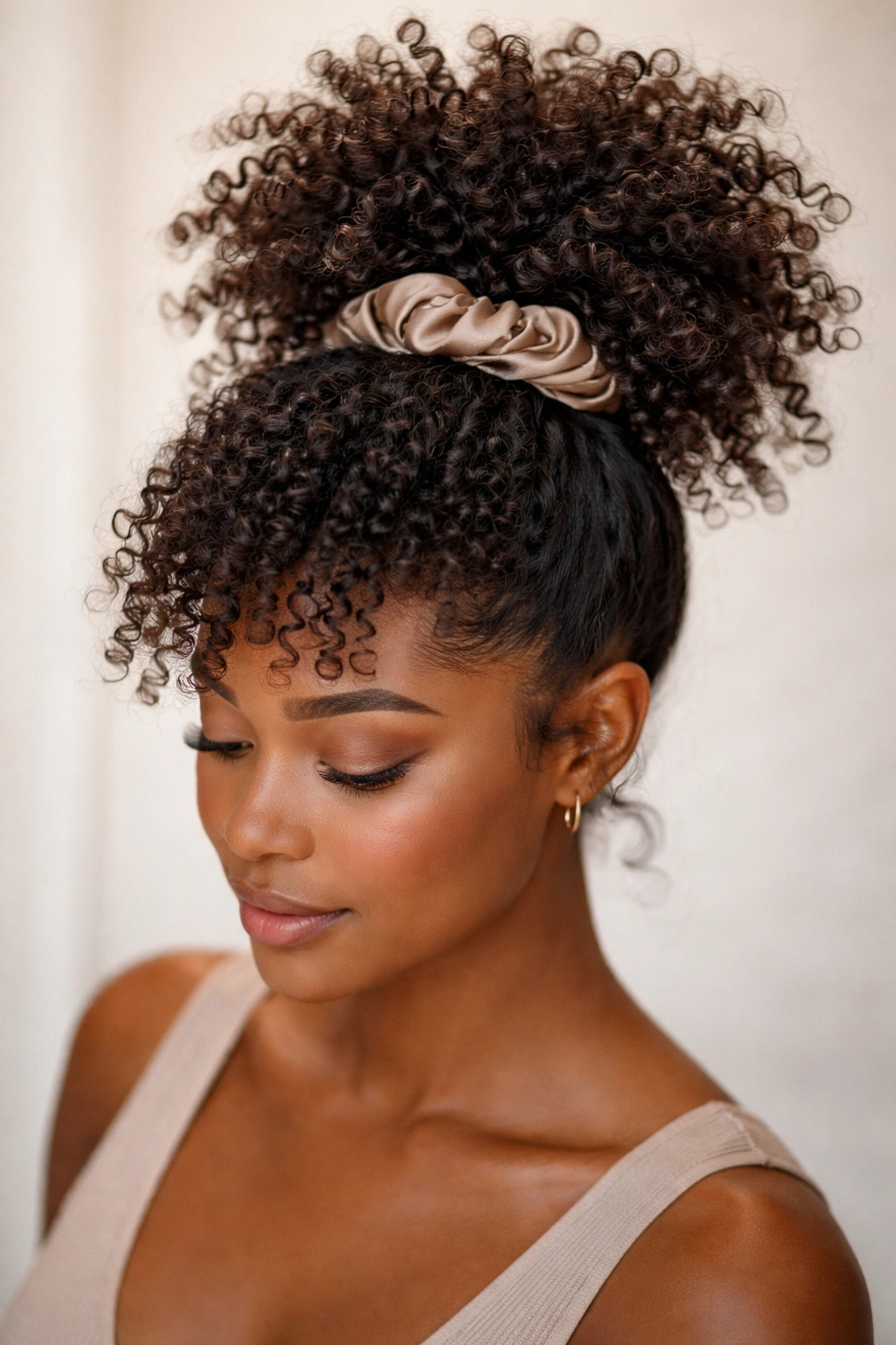 Pineapple updo on coily hair with silk scrunchie, protective soft crown