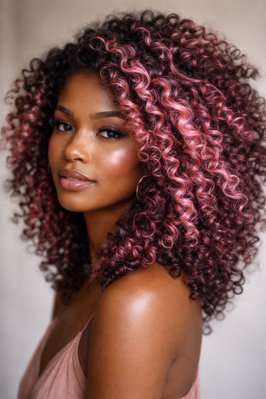 Coily hair with pink balayage highlights showing dimension and movement.