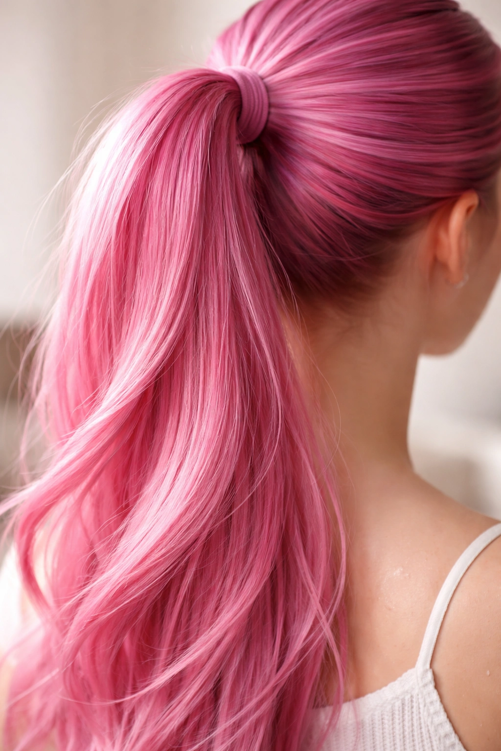 Close-up of pink ponytail showing glossy healthy texture and moisture