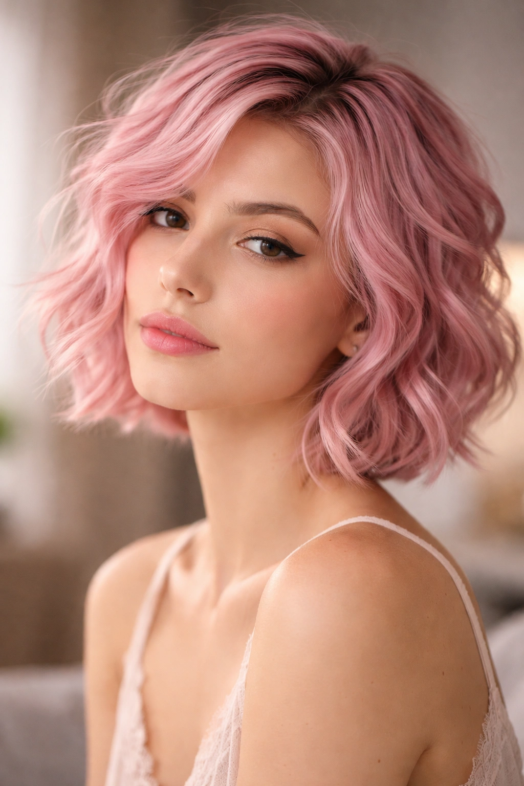 Contemplative portrait of a person with short pink wavy hair.