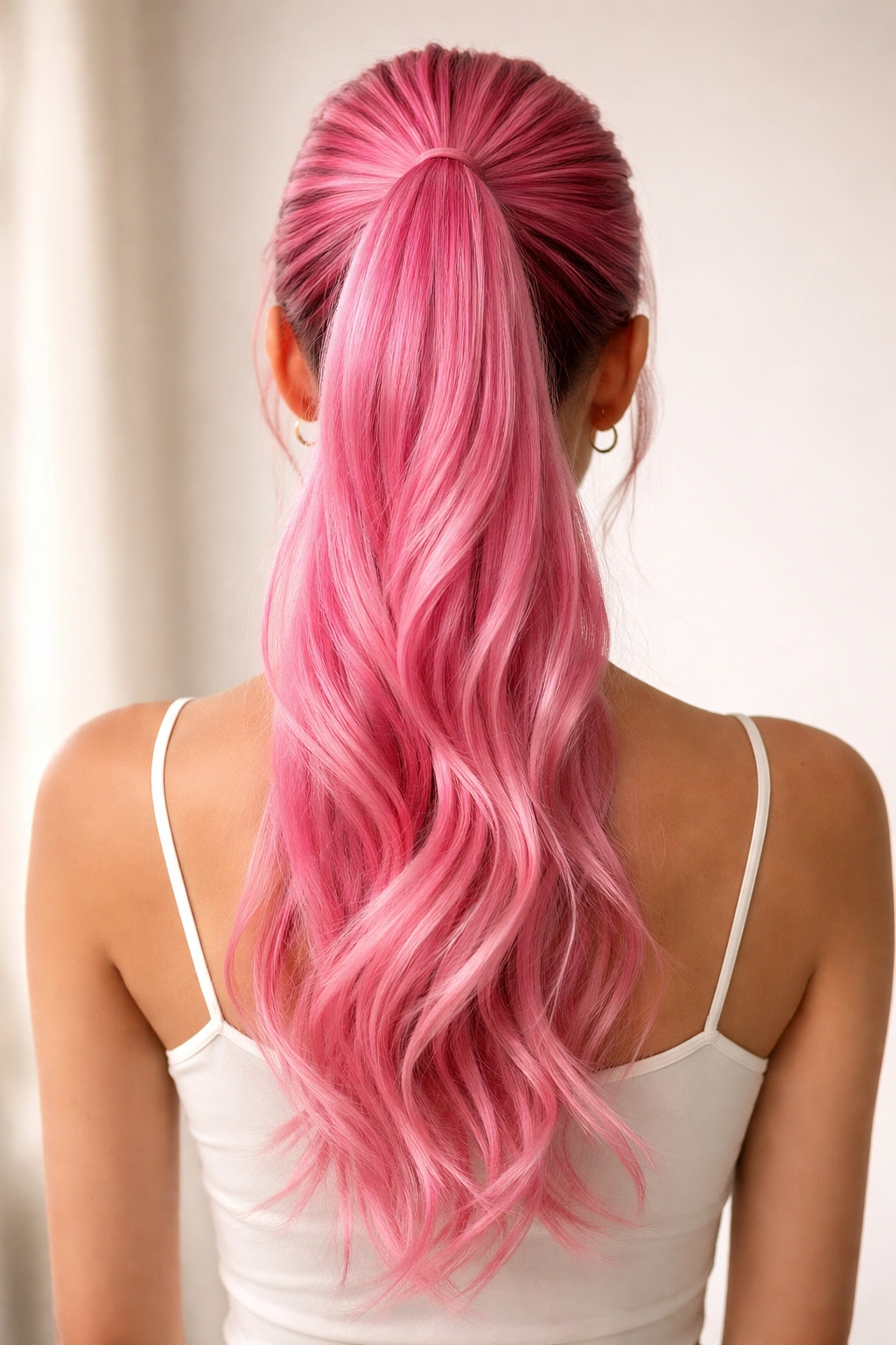 Model back view with vibrant pink ponytail highlighting color and silhouette