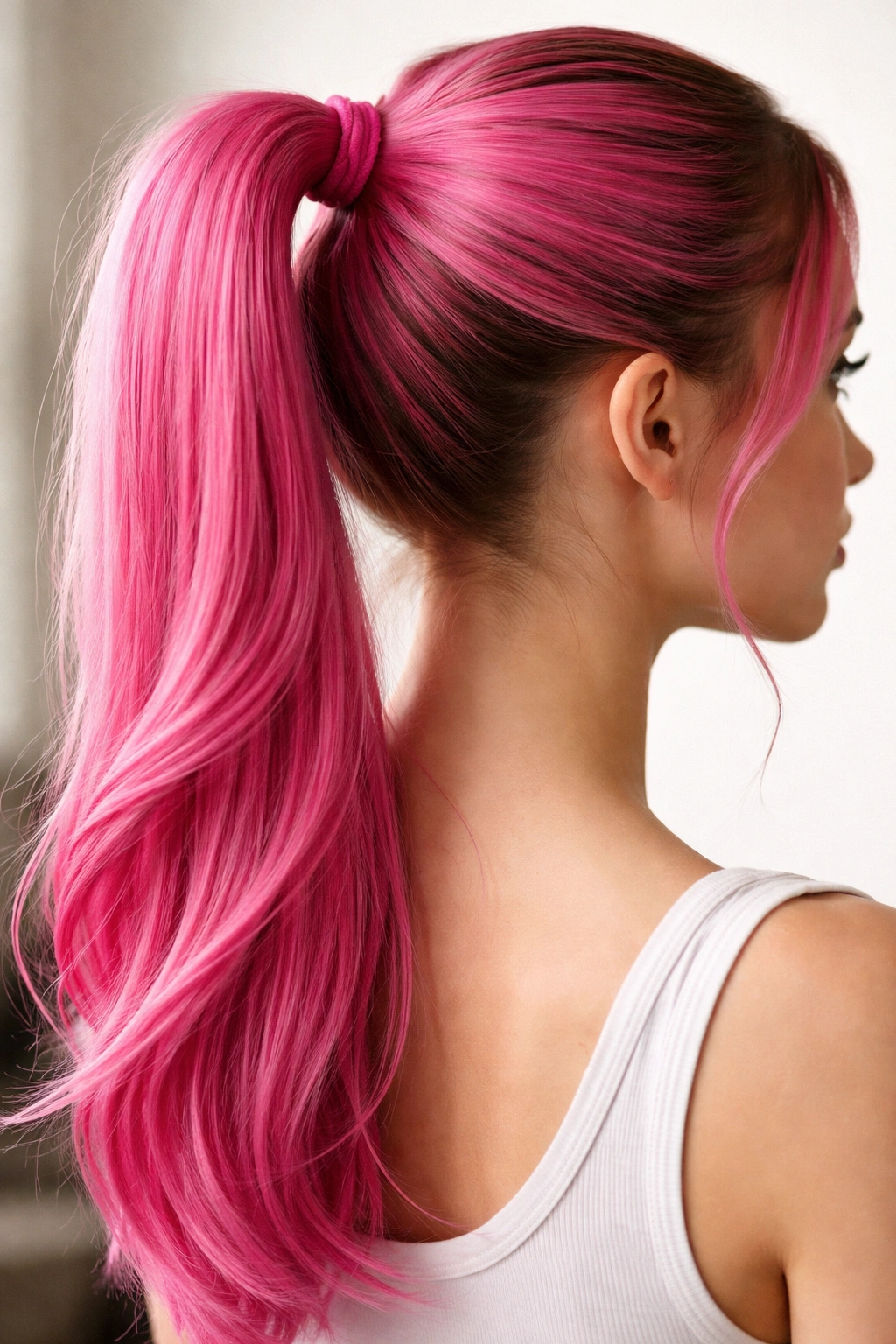 Glossy pink ponytail secured with hair tie, illustrating long-lasting style