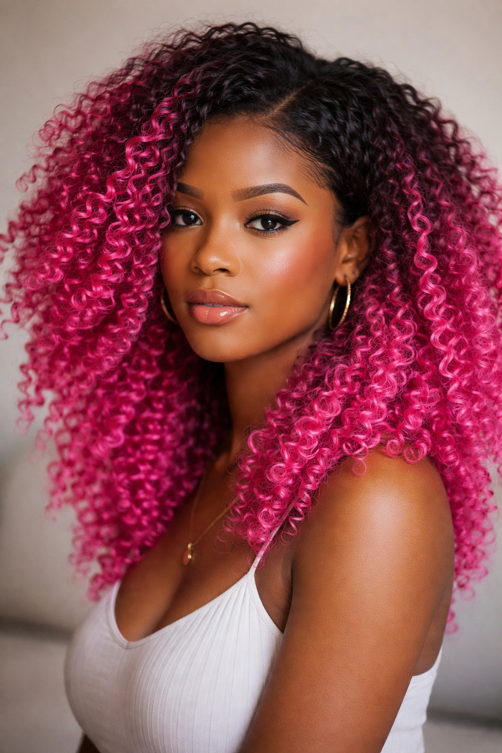 Close-up of coily hair with dark roots and hot pink color.