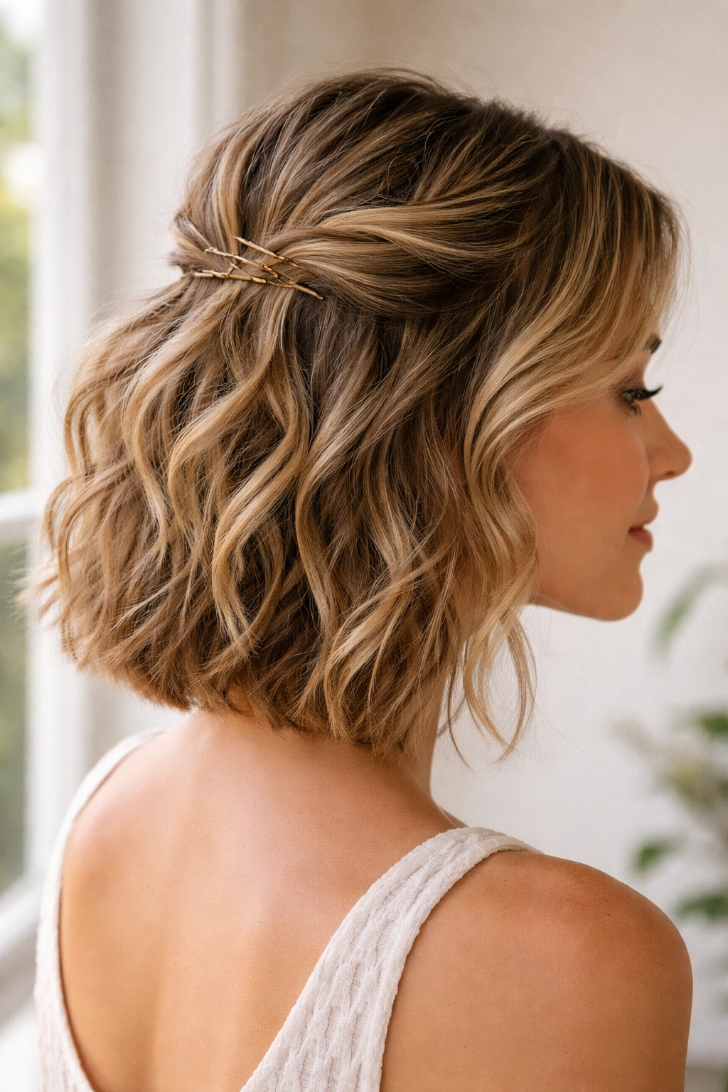 Wavy hair with pinned-back half-up secured by bobby pins