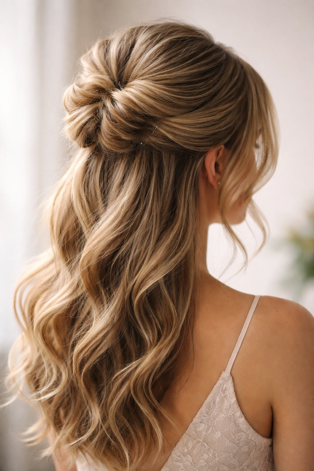 Voluminous pinned half-up bun created with multiple pins
