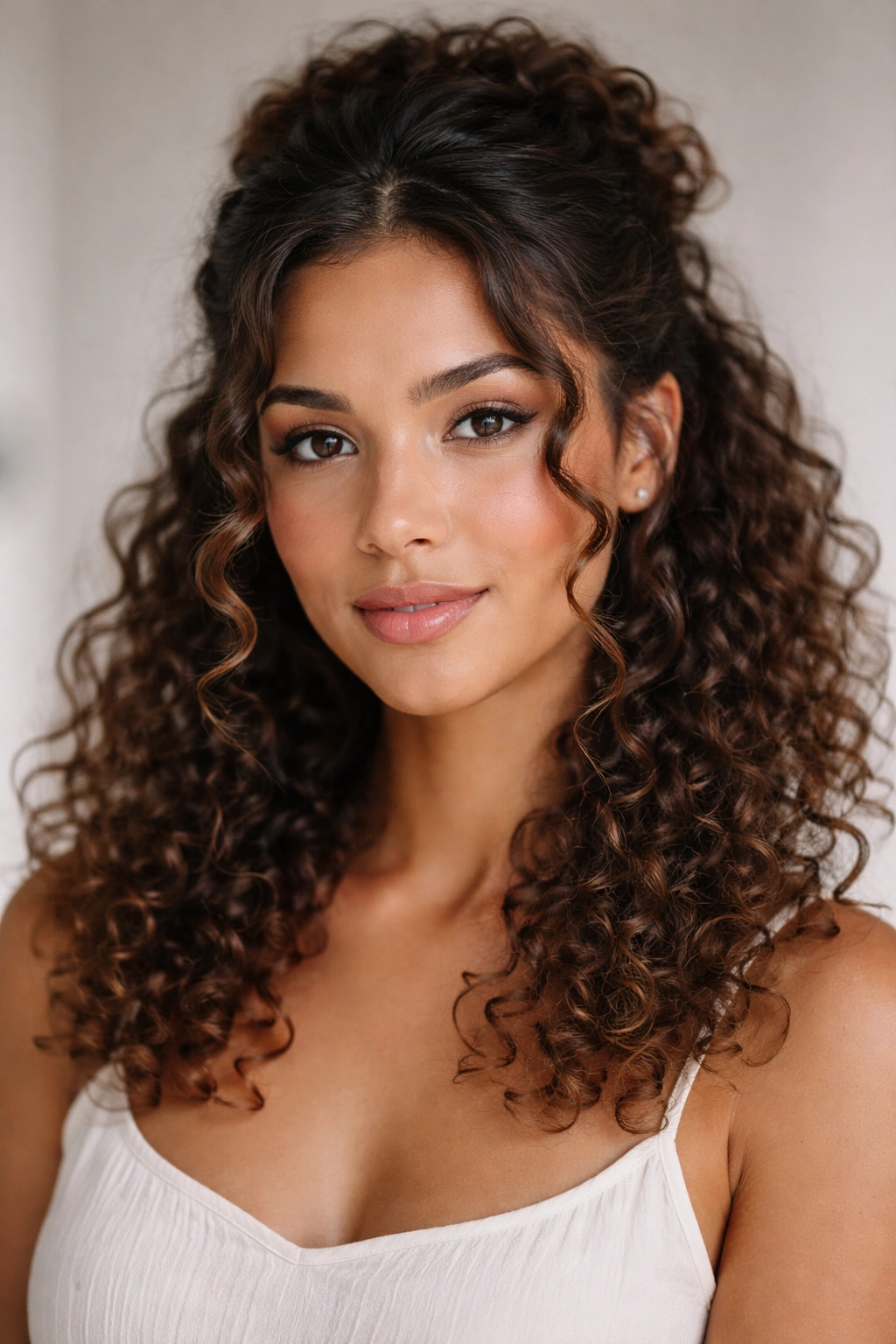 Pinned half up hairstyle with face-framing curls around the temples