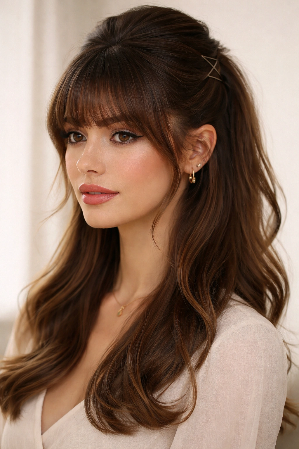 Model with pinned half-up and full fringe bangs