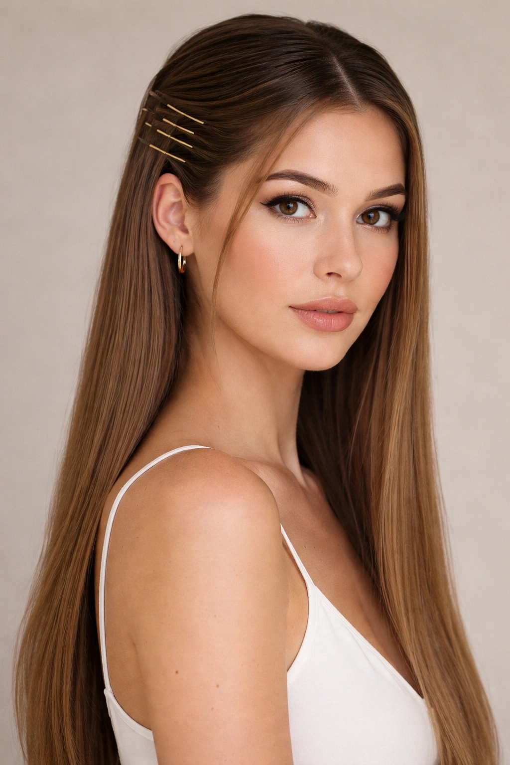 Pinned sections half-up hairstyle with sections secured flat against head